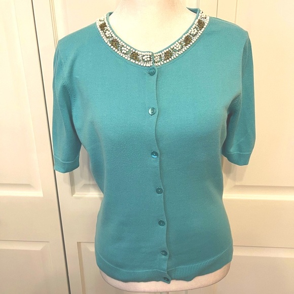 LOFT Teal Button Down Shirt with Beaded Collar - Picture 1 of 8